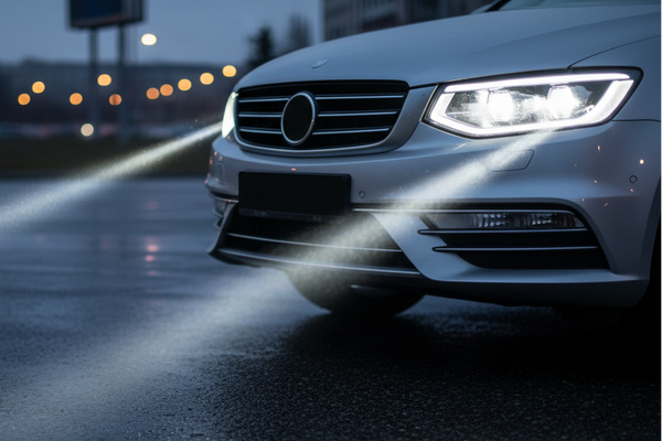 Car's headlights illuminating a wet road at night