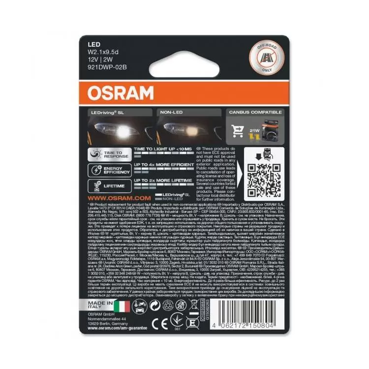 OSRAM LEDriving SL LED W16W 6000K Cool White, Twin Car Bulbs